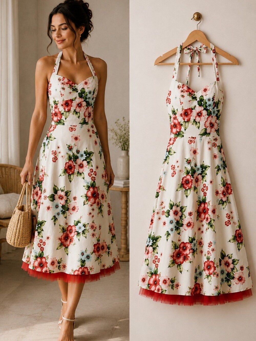 Floral Halter Fit & Flare Dress Cotton Sz 7/8 Tropical Vintage